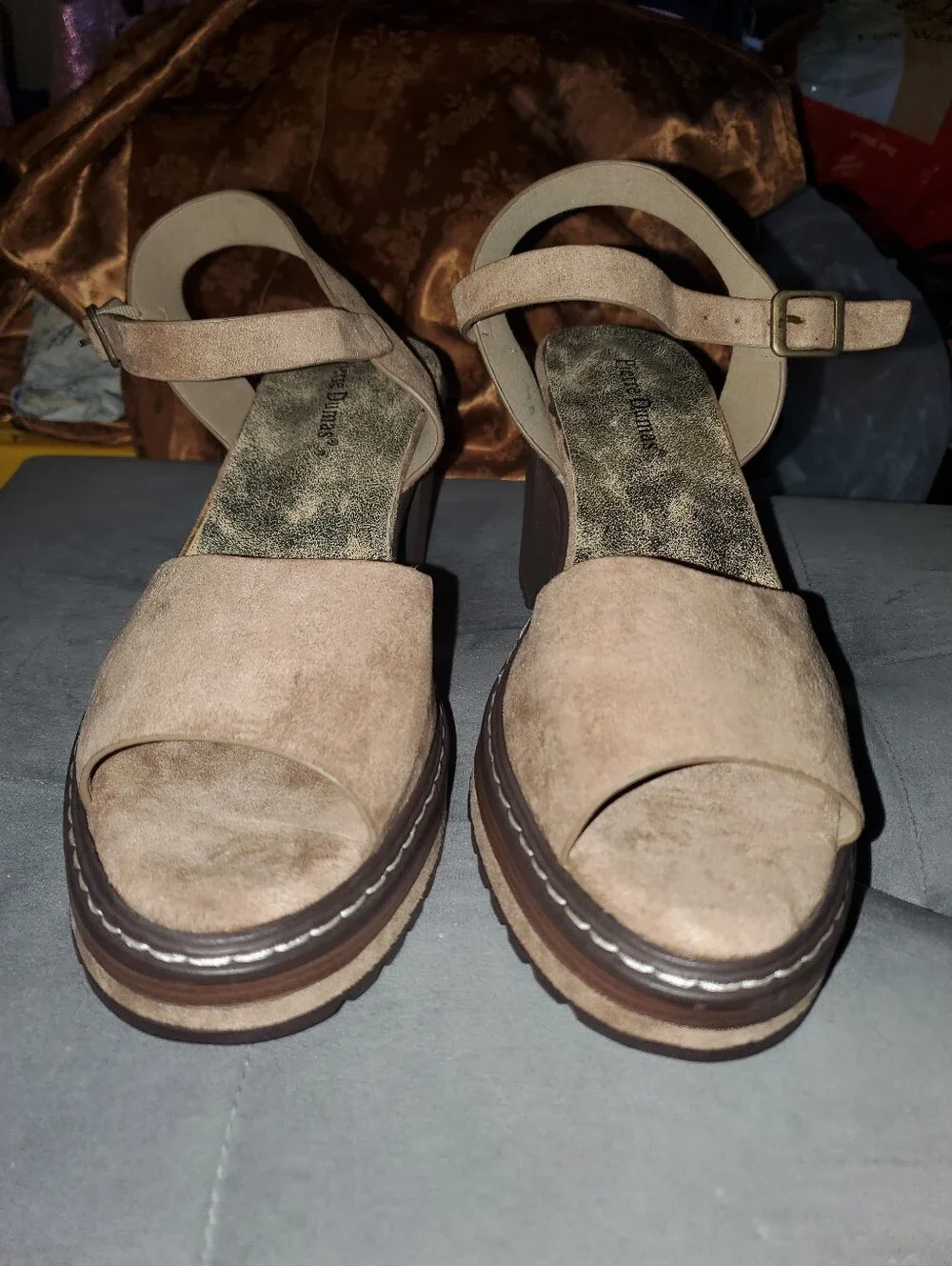 *Brand New* Pierre Dumas ankle strap brown suede + wood platform heels - Size 10
